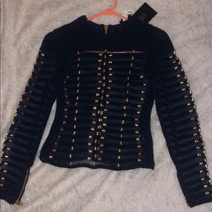 Hand embroidered navy blue long sleeve shirt NEW